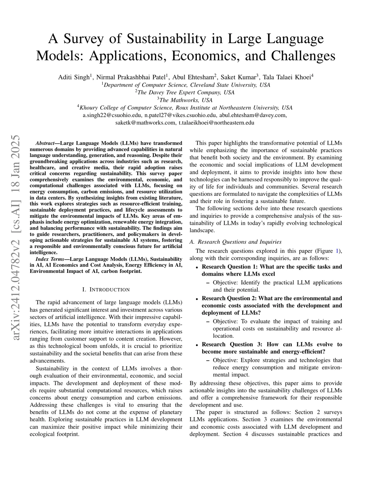 Title page of A Survey of Sustainability in Large Language Models: Applications, Economics, and Challenges.