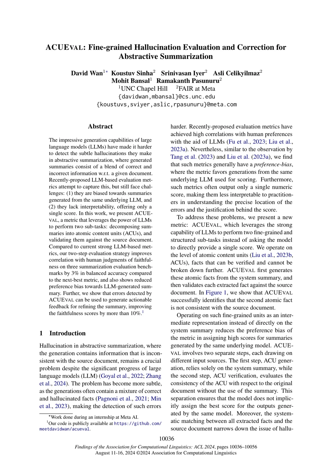 Title page of ACUEval: Fine-grained Hallucination Evaluation and Correction for Abstractive Summarization.