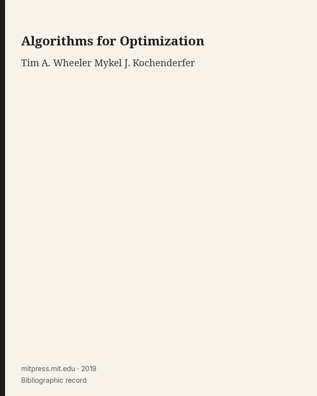 Bibliographic record for Algorithms for Optimization.
