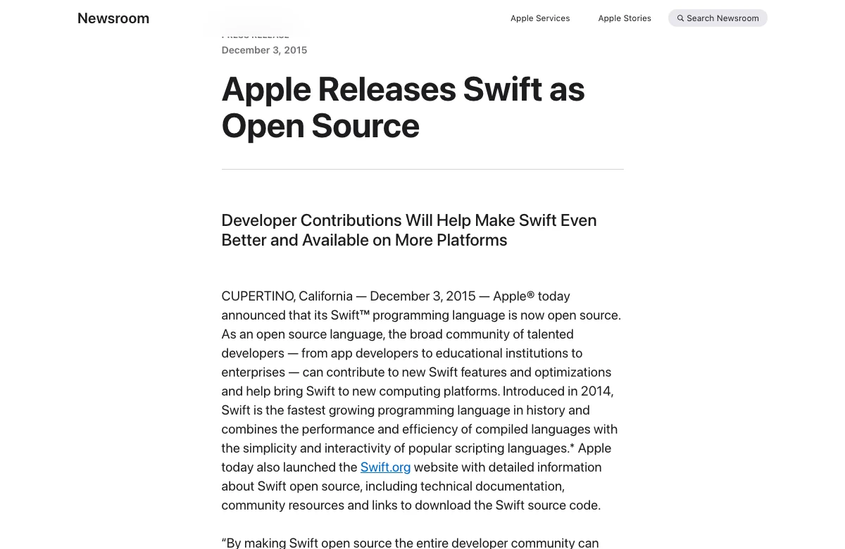 Screenshot of Apple Releases Swift as Open Source