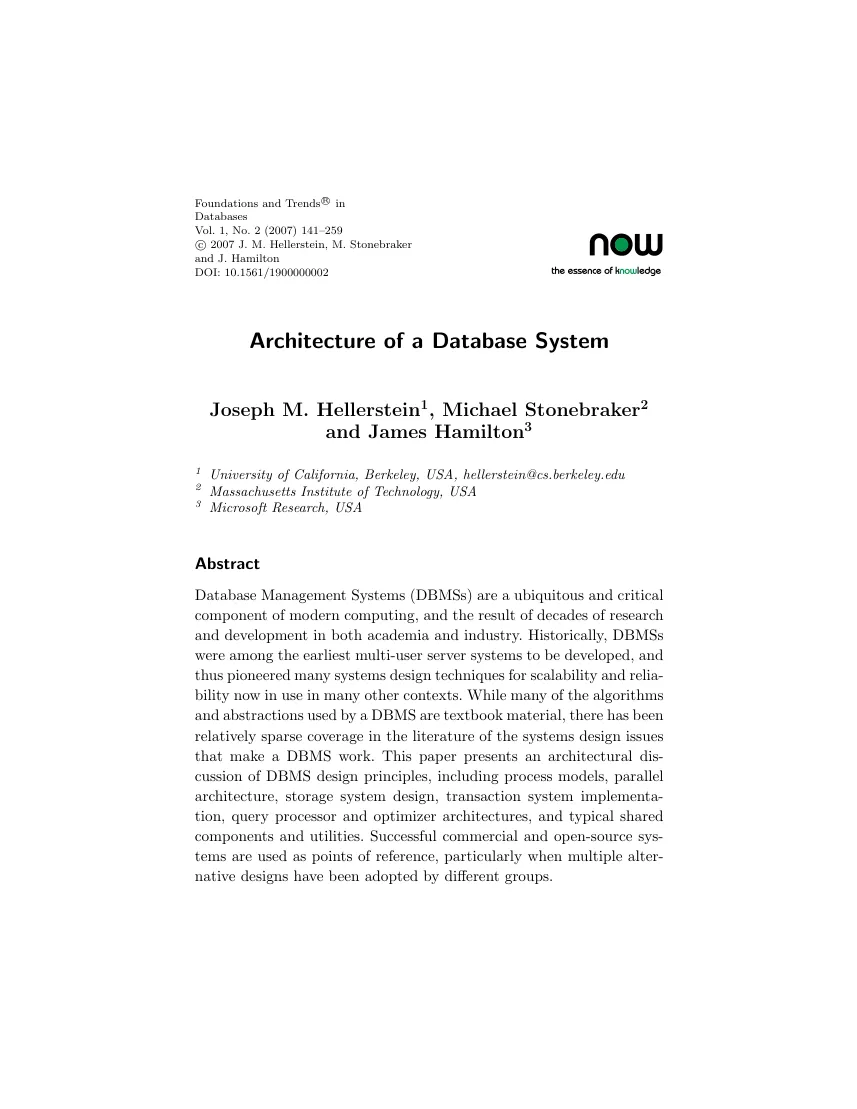 First page of Architecture of a Database System.