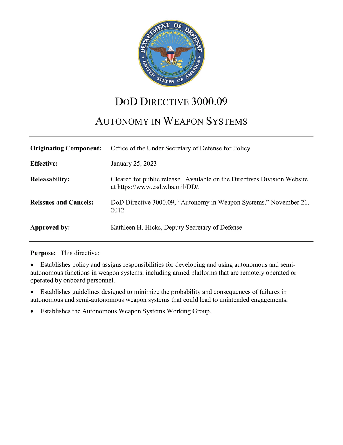 First page of Autonomy in Weapon Systems: DoD Directive 3000.09.