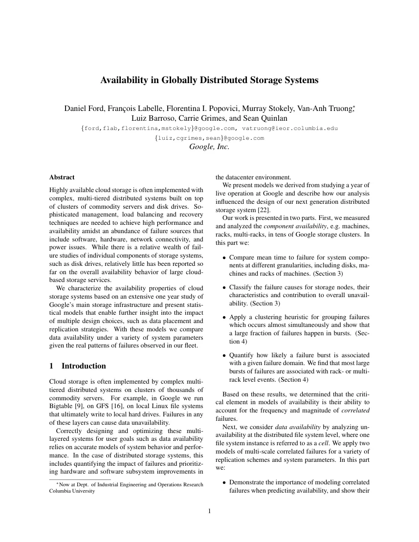 First page of Availability in Globally Distributed Storage Systems.