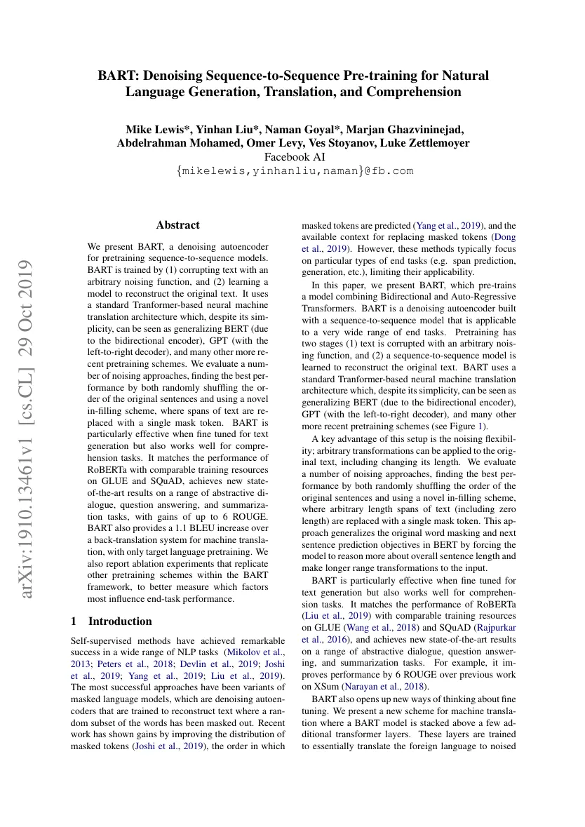 First page of BART: Denoising Sequence-to-Sequence Pre-training for Natural Language Generation, Translation, and Comprehension.