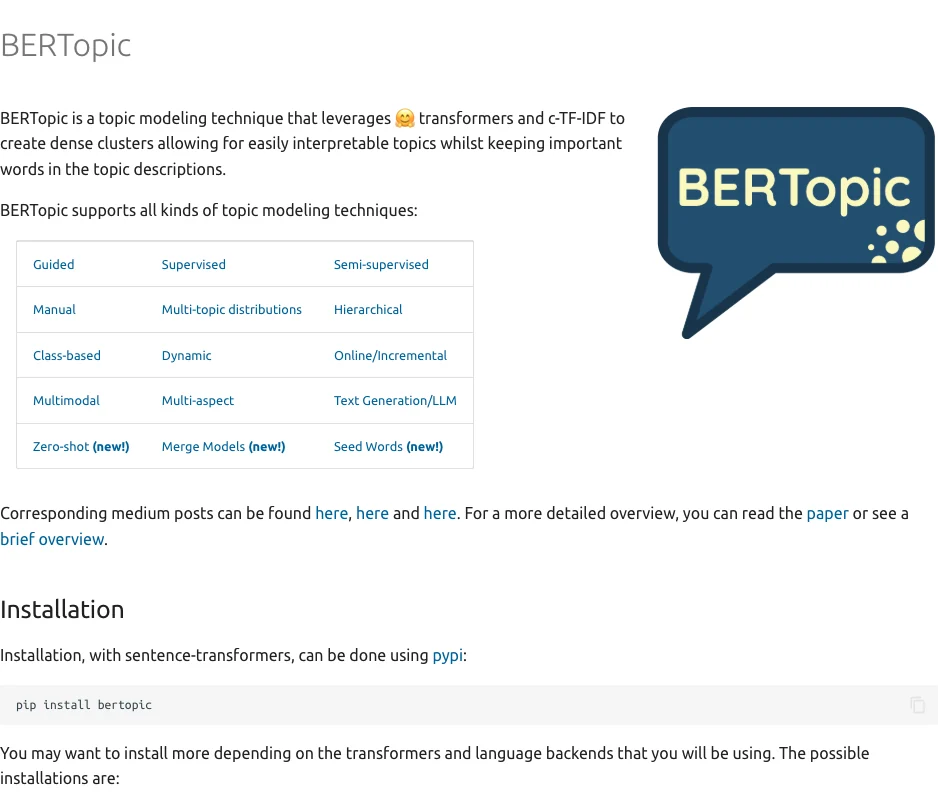 BERTopic documentation showing supported topic-modeling workflows and installation commands.