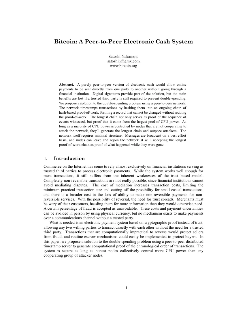 First page of Bitcoin: A peer-to-peer electronic cash system.
