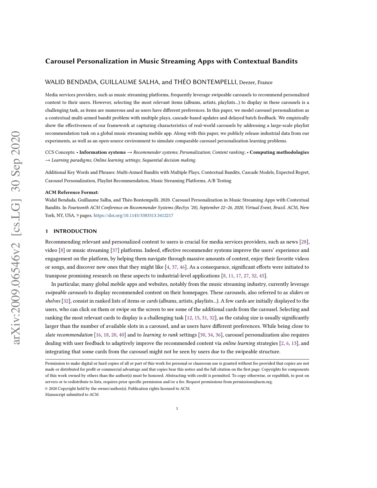Title page of Carousel Personalization in Music Streaming Apps with Contextual Bandits.