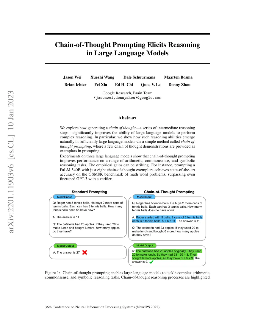 First page of Chain-of-Thought Prompting Elicits Reasoning in Large Language Models.