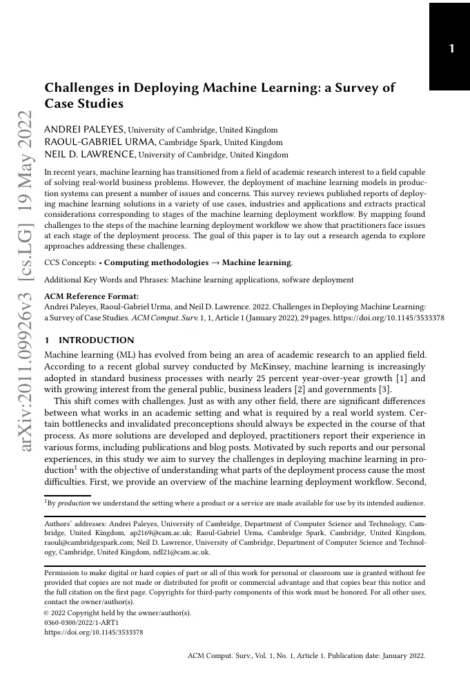 First page of Challenges in Deploying Machine Learning: a Survey of Case Studies.