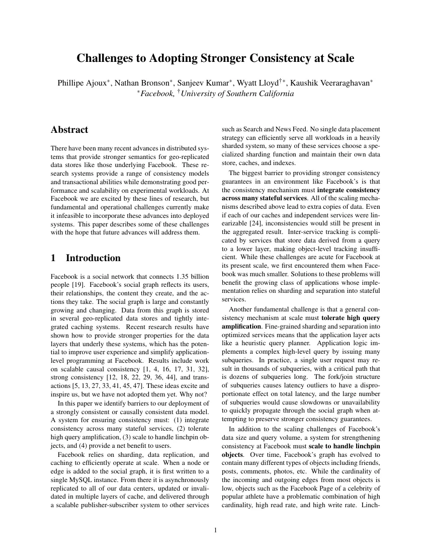 First page of Challenges to Adopting Stronger Consistency at Scale.