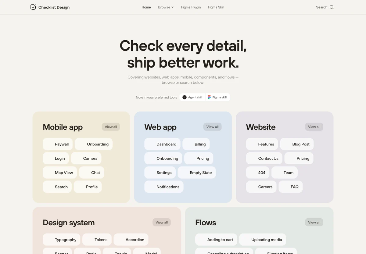Checklist Design homepage showing its collection of product checklists, captured on 13 October 2026.