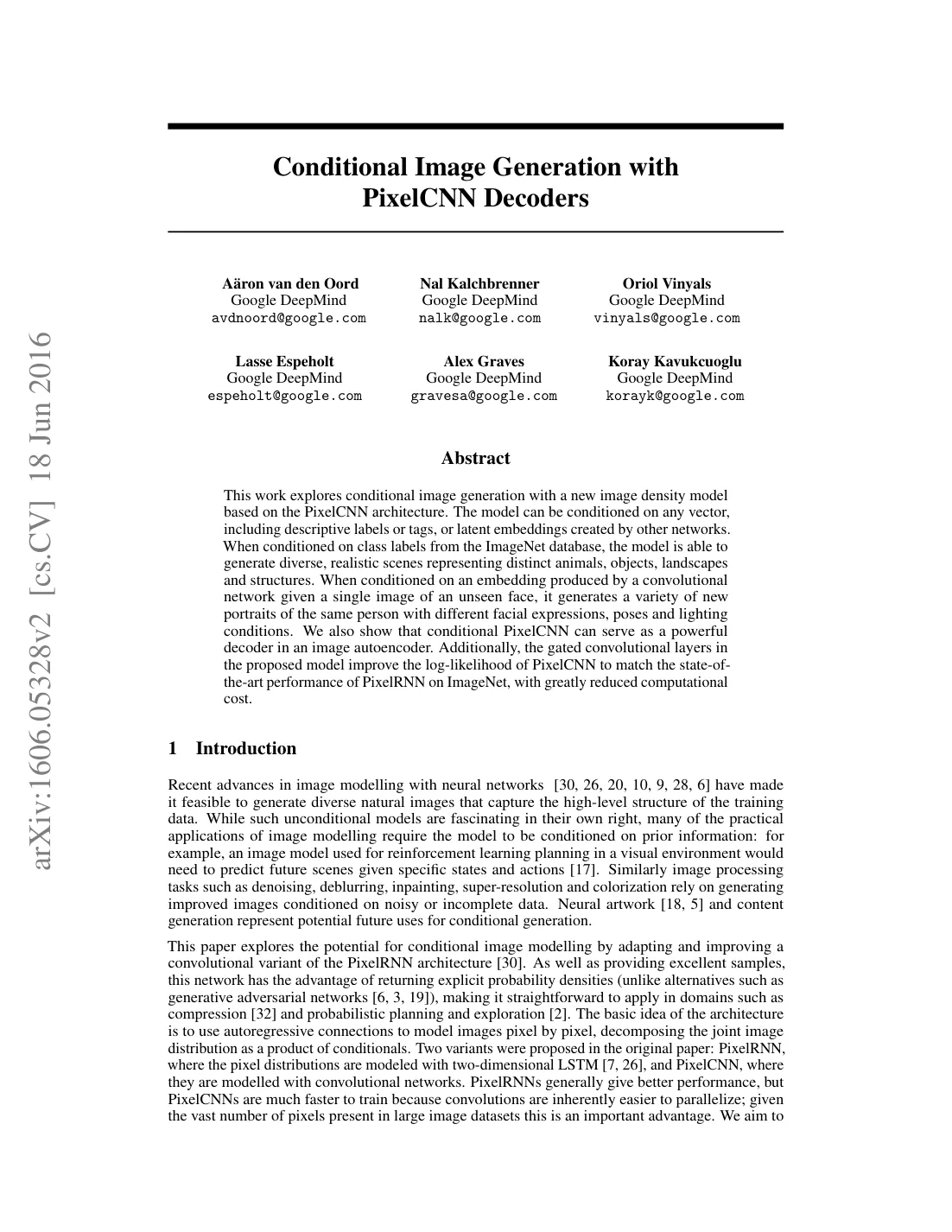 First page of Conditional image generation with pixelcnn decoders.