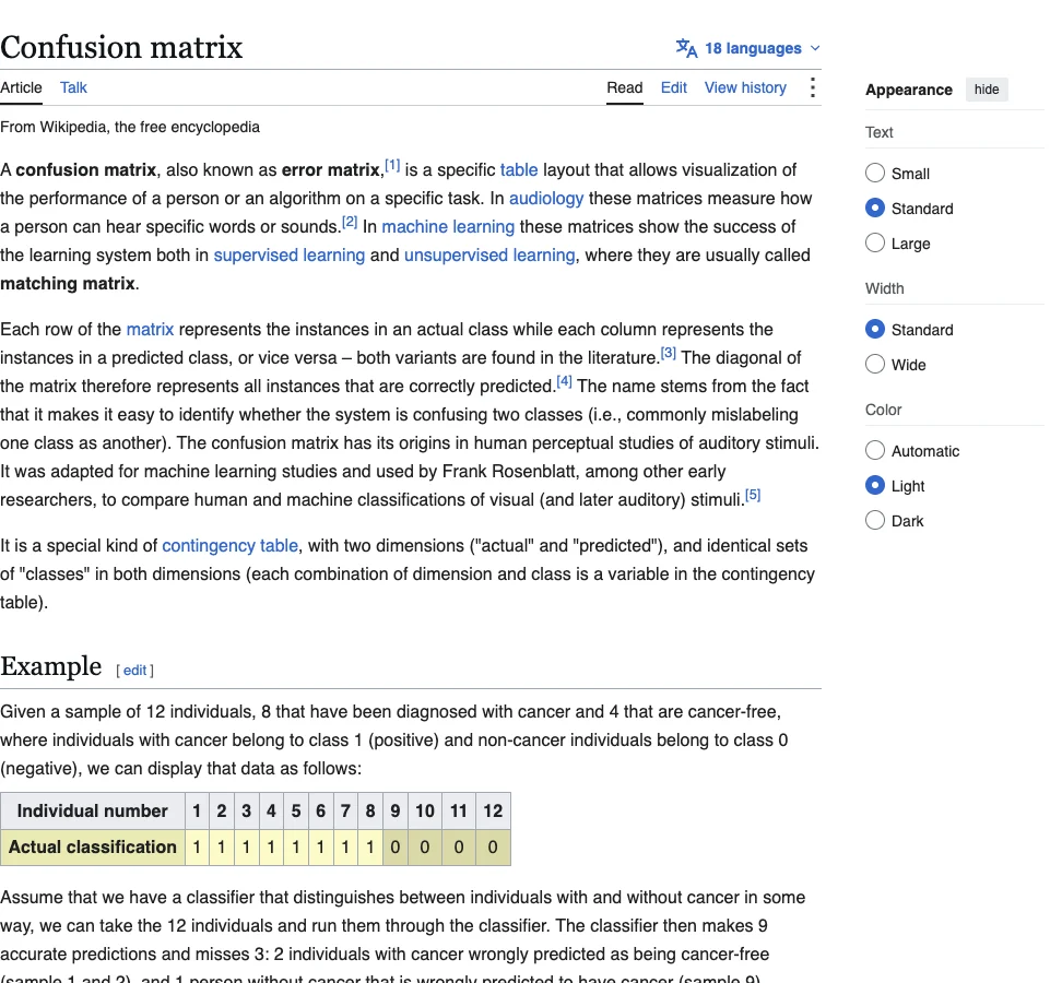 Wikipedia explanation of confusion matrices and how predicted classes compare with true labels.