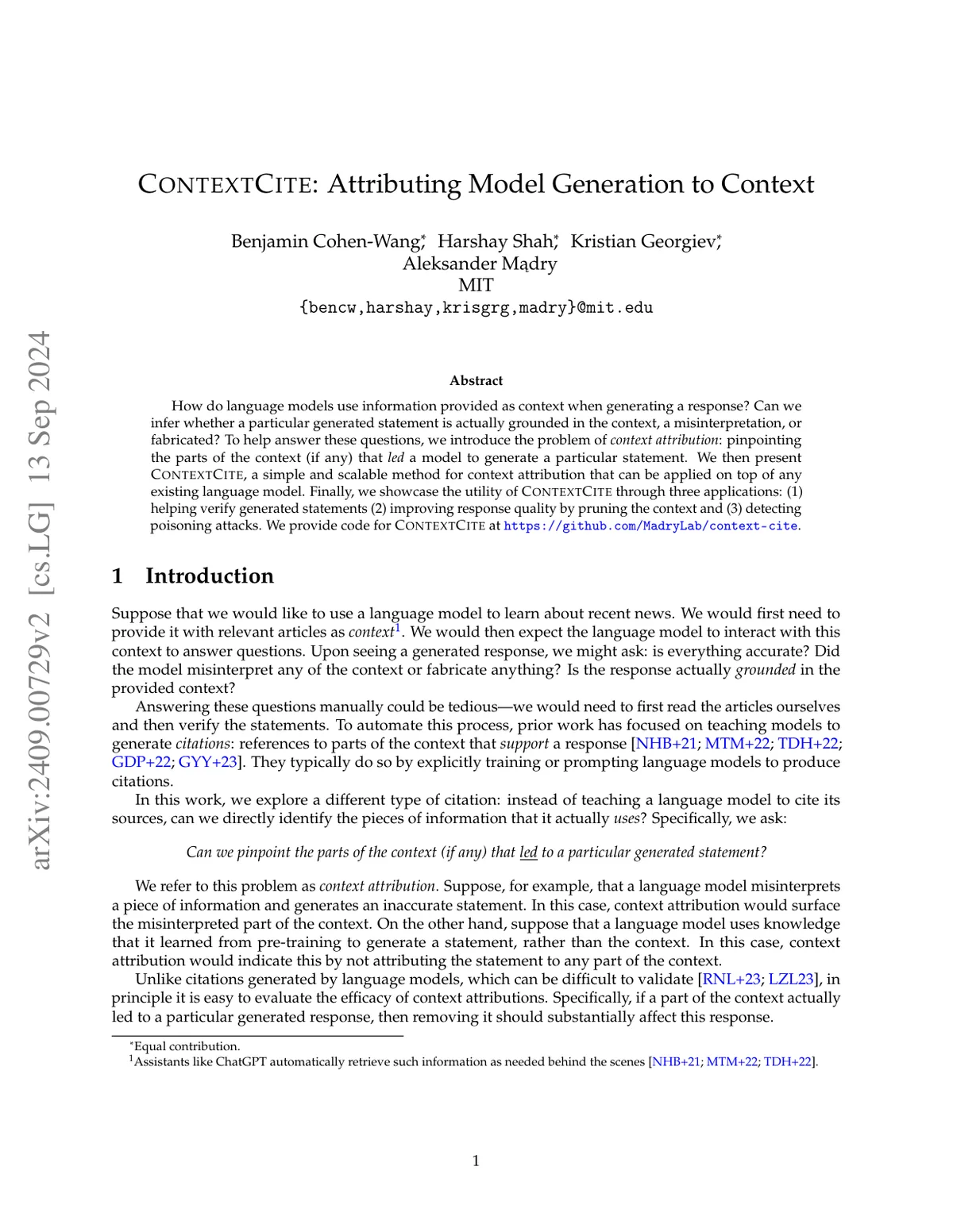First page of ContextCite: Attributing Model Generation to Context.
