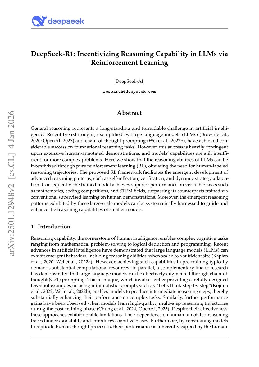 First page of DeepSeek-R1: Incentivizing Reasoning Capability in LLMs via Reinforcement Learning.