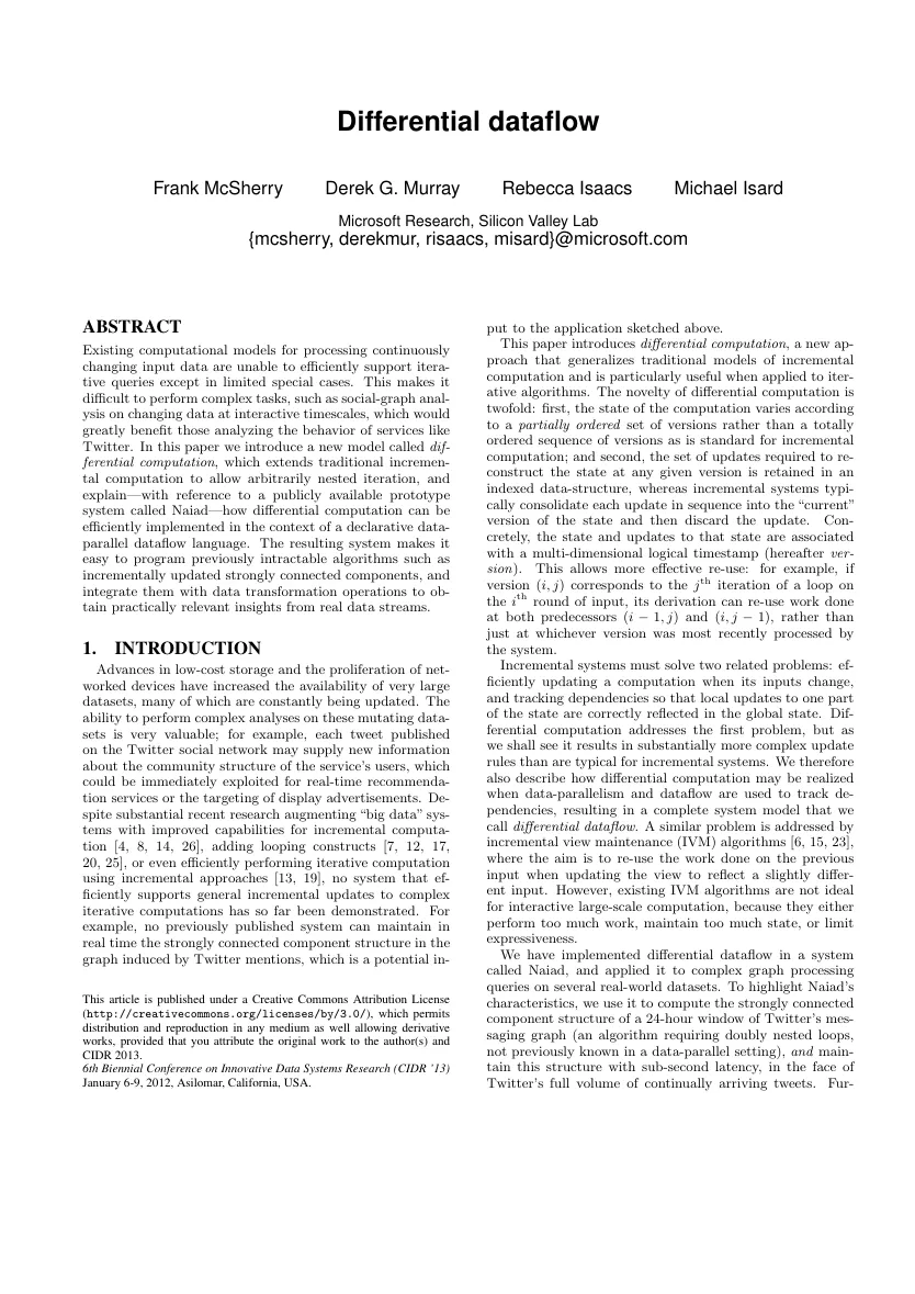 First page of Differential dataflow.