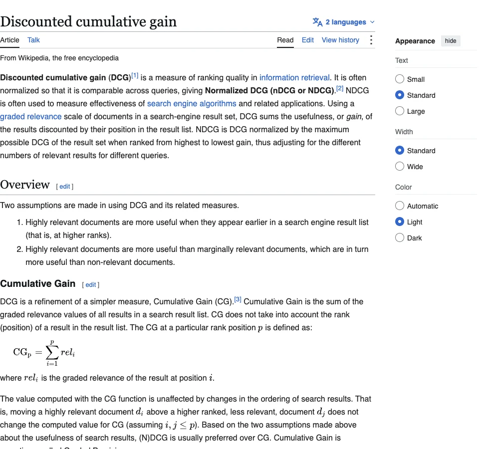 Wikipedia introduction to discounted cumulative gain and its use in ranking evaluation.