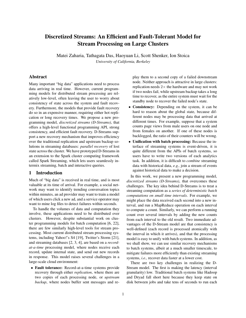 First page of Discretized Streams: An Efficient and Fault-Tolerant Model for Stream Processing on Large Clusters.