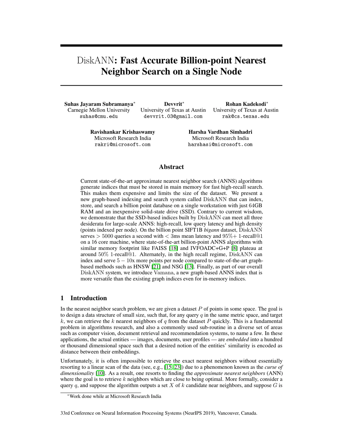 Title page of DiskANN: Fast Accurate Billion-point Nearest Neighbor Search on a Single Node.