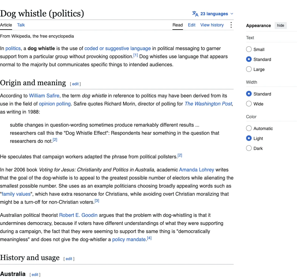 Wikipedia introduction to dog-whistle politics and the origin of the term.