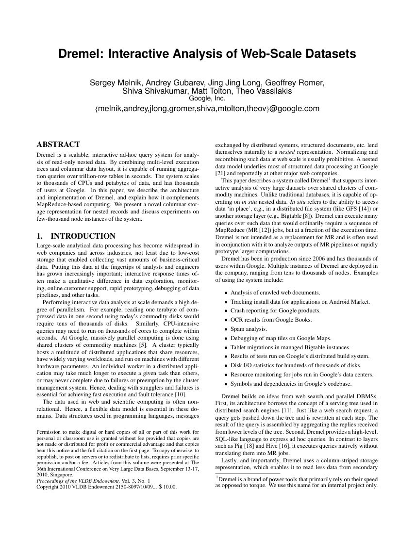 First page of Dremel: Interactive Analysis of Web-Scale Datasets.