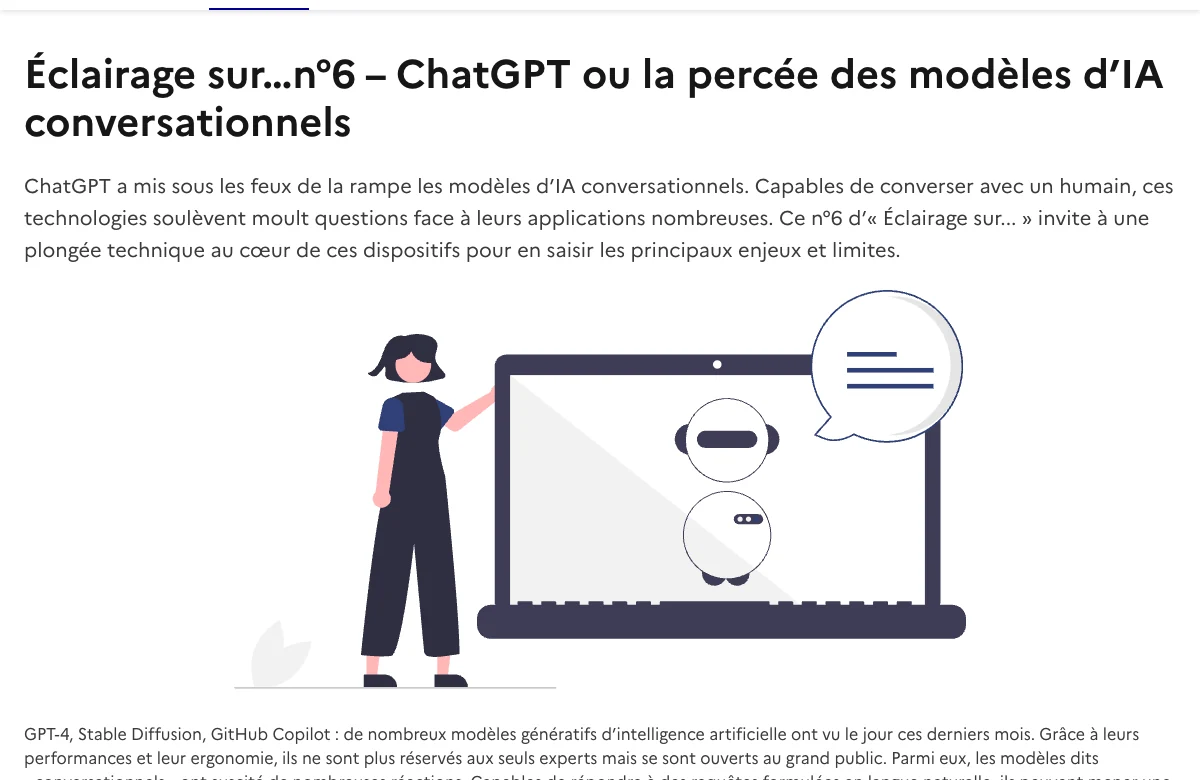 Screenshot of Éclairage sur…n°6 – ChatGPT ou la percée des modèles d’IA conversationnels | PEReN