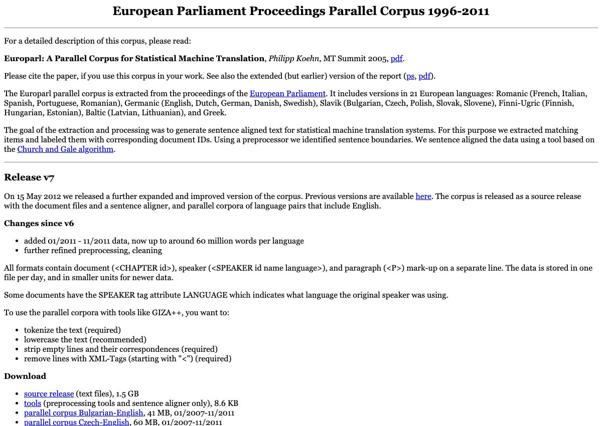 Europarl corpus page with language-pair downloads and European Parliament dataset releases.