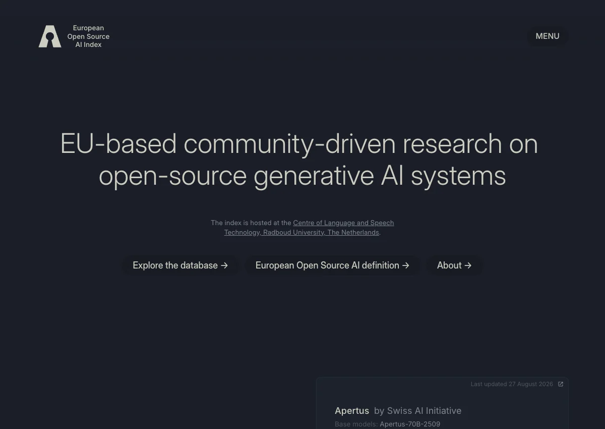 European Open Source AI Index website introducing its assessment of open generative AI systems.