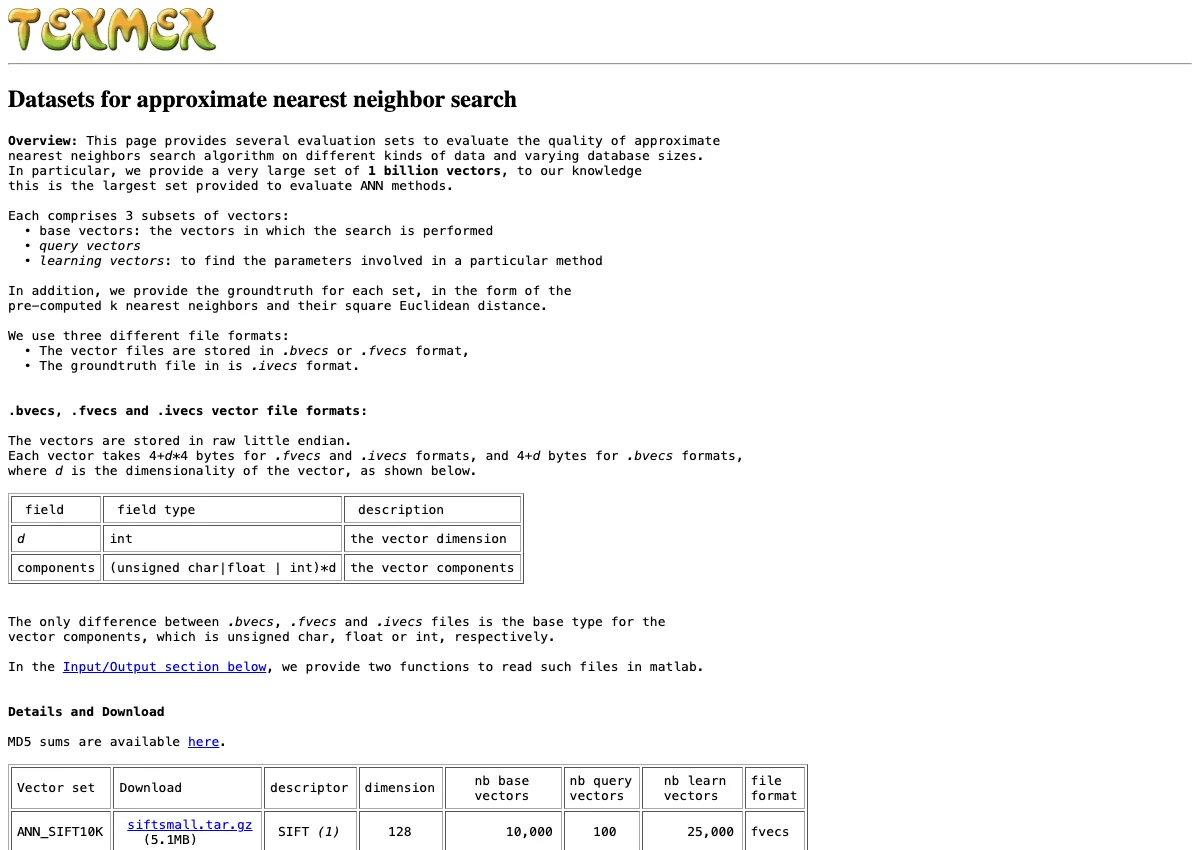 TEXMEX benchmark page listing large vector datasets for approximate nearest-neighbor search.