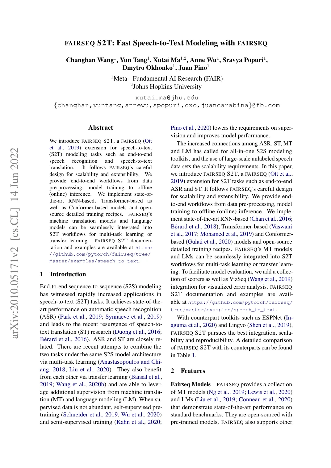 First page of fairseq s2t: Fast speech-to-text modeling with fairseq.