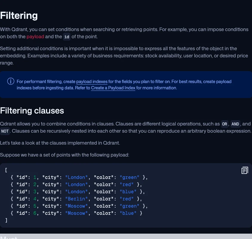 Qdrant filtering guide showing filter clauses and a JSON example.
