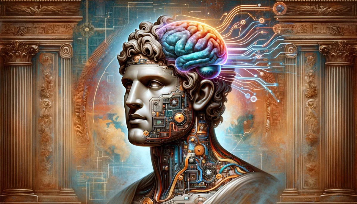 Original article illustration of a classical head with a colorful electronic brain