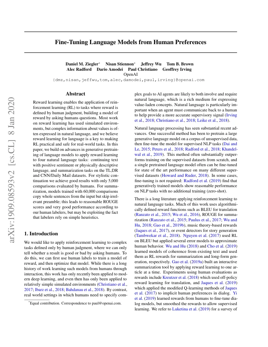 First page of Fine-Tuning Language Models from Human Preferences.