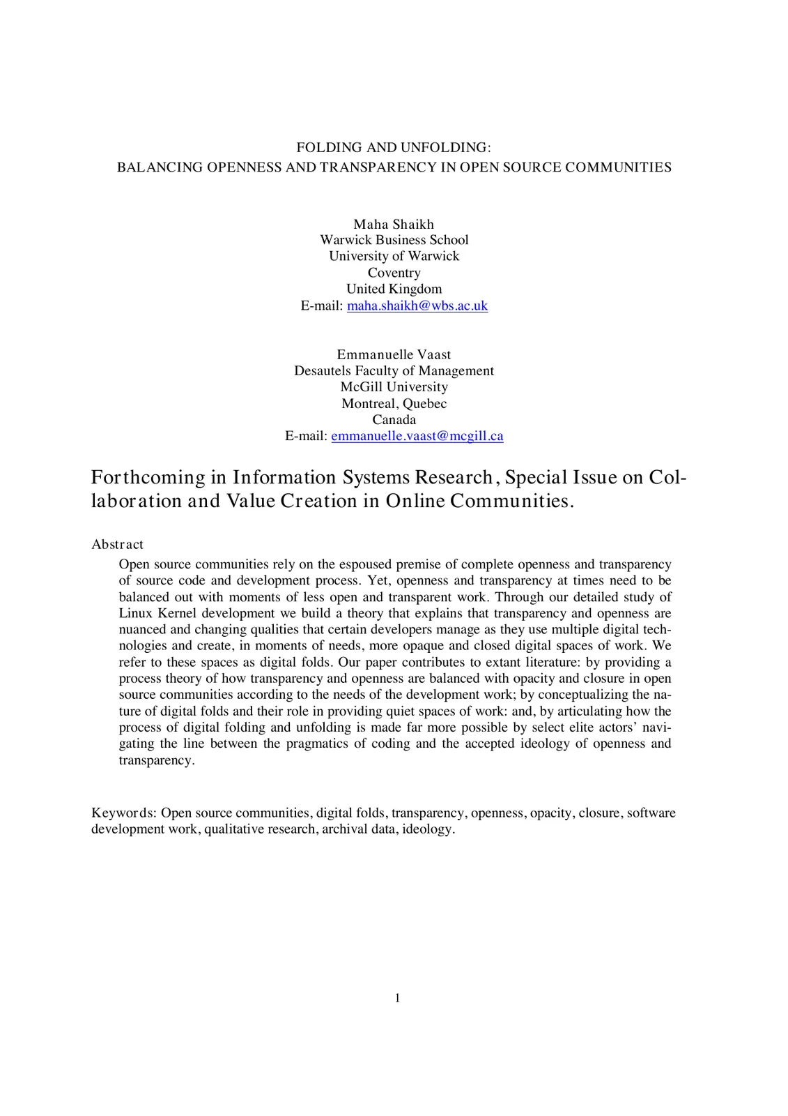 Title page of Folding and Unfolding: Balancing Openness and Transparency in Open Source Communities.
