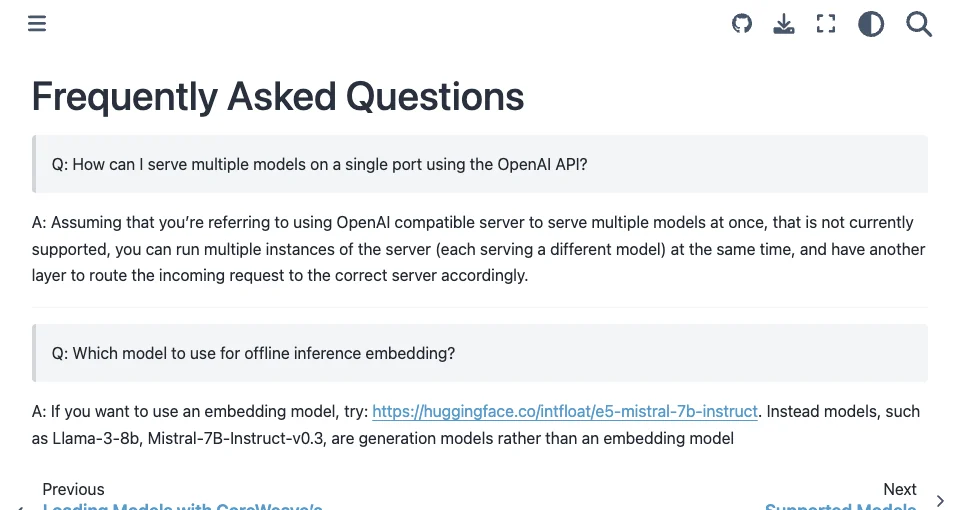 vLLM FAQ answering questions about OpenAI API compatibility and embedding models.