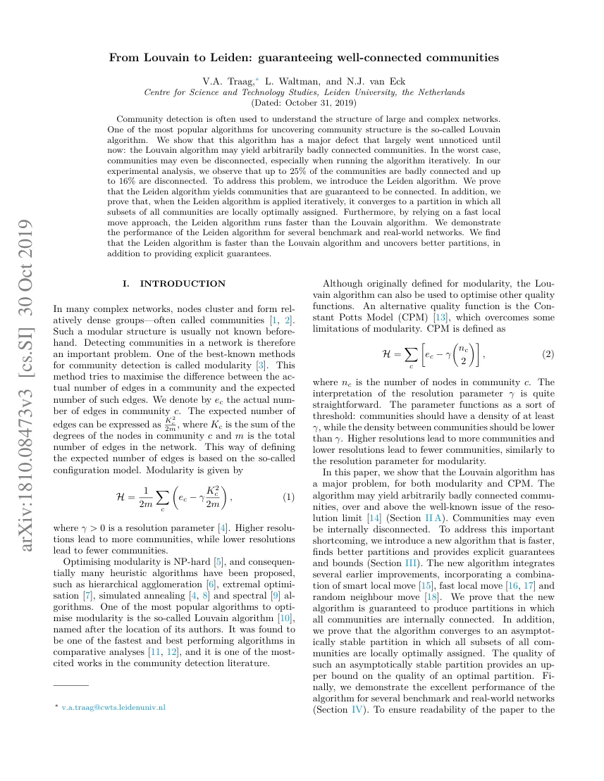 First page of From Louvain to Leiden: guaranteeing well-connected communities.