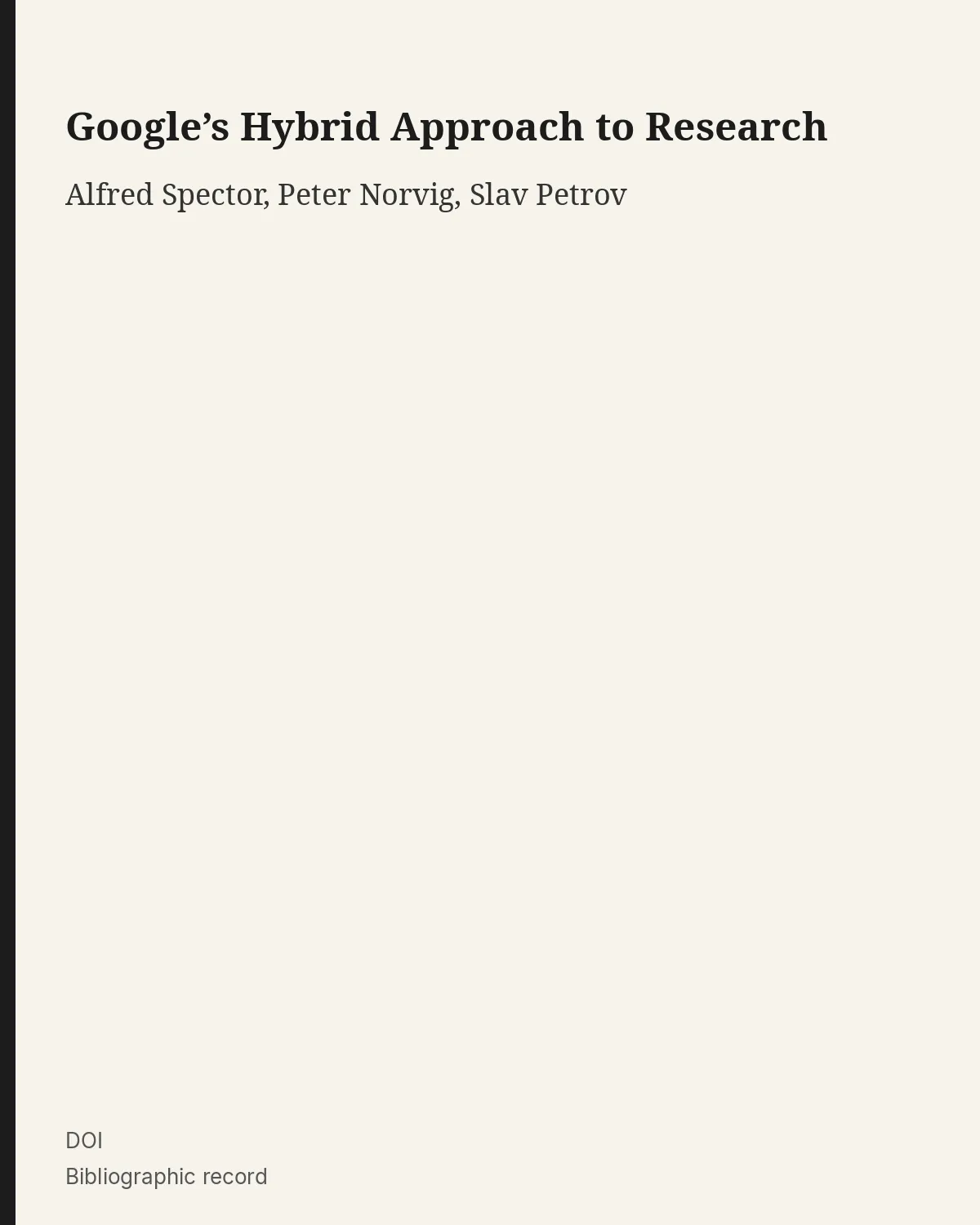 Bibliographic record for Google’s Hybrid Approach to Research.