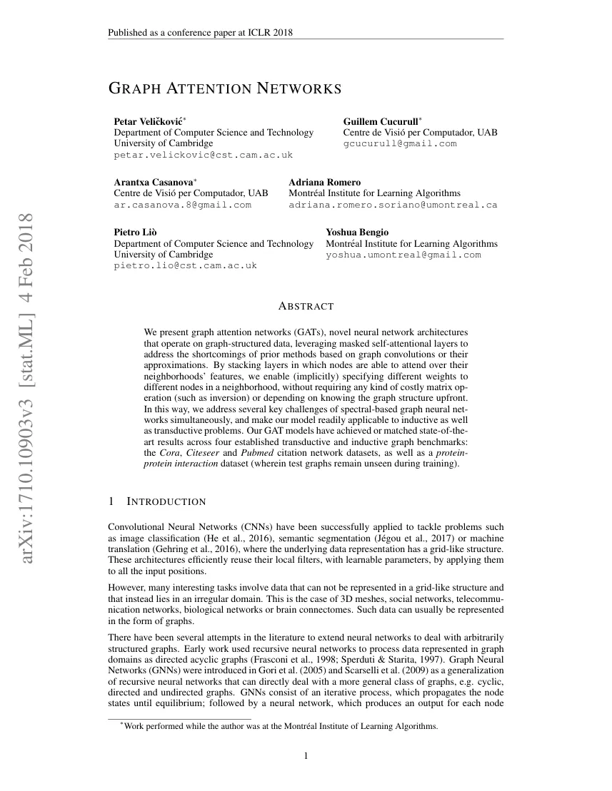 First page of GRAPH ATTENTION NETWORKS.
