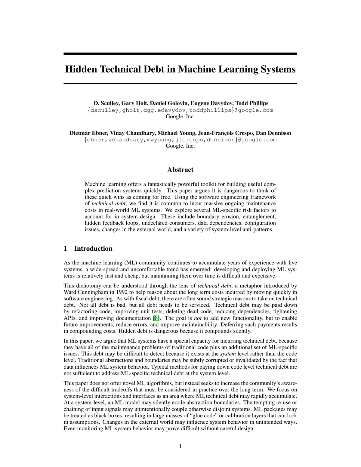First page of Hidden Technical Debt in Machine Learning Systems.