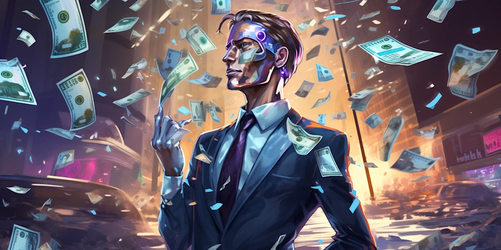 Original article illustration of a robotic businessperson surrounded by banknotes