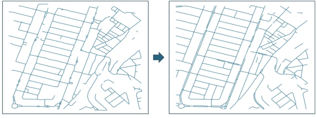 Preligens diagram comparing a road detector output before and after post-processing.