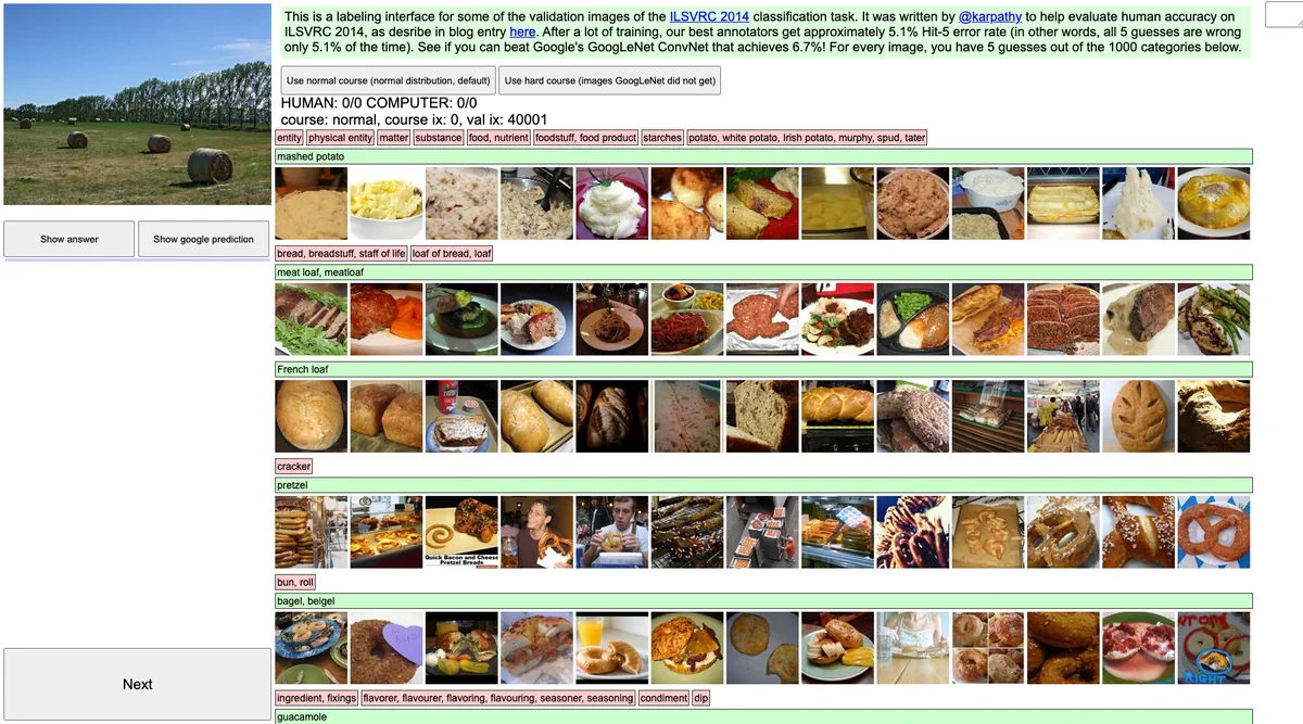 The ILSVRC labeling interface, showing a test photograph beside example images for candidate categories.