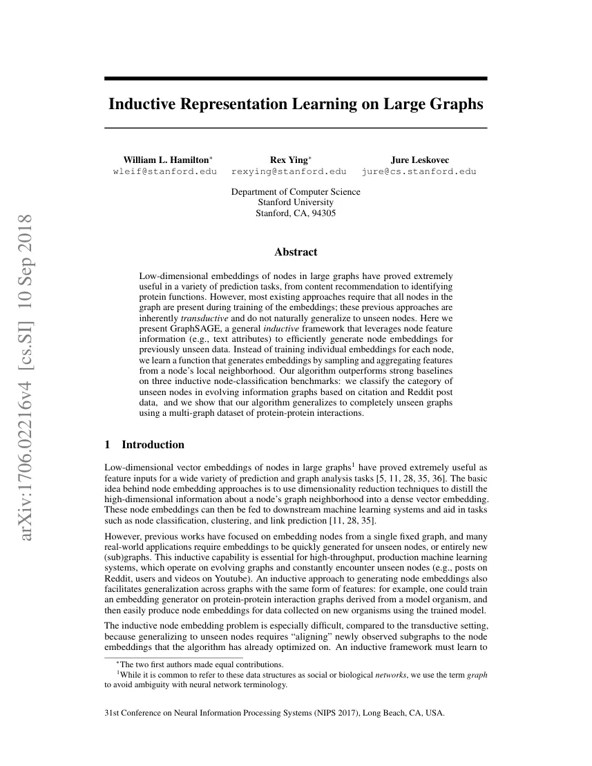 First page of Inductive Representation Learning on Large Graphs.