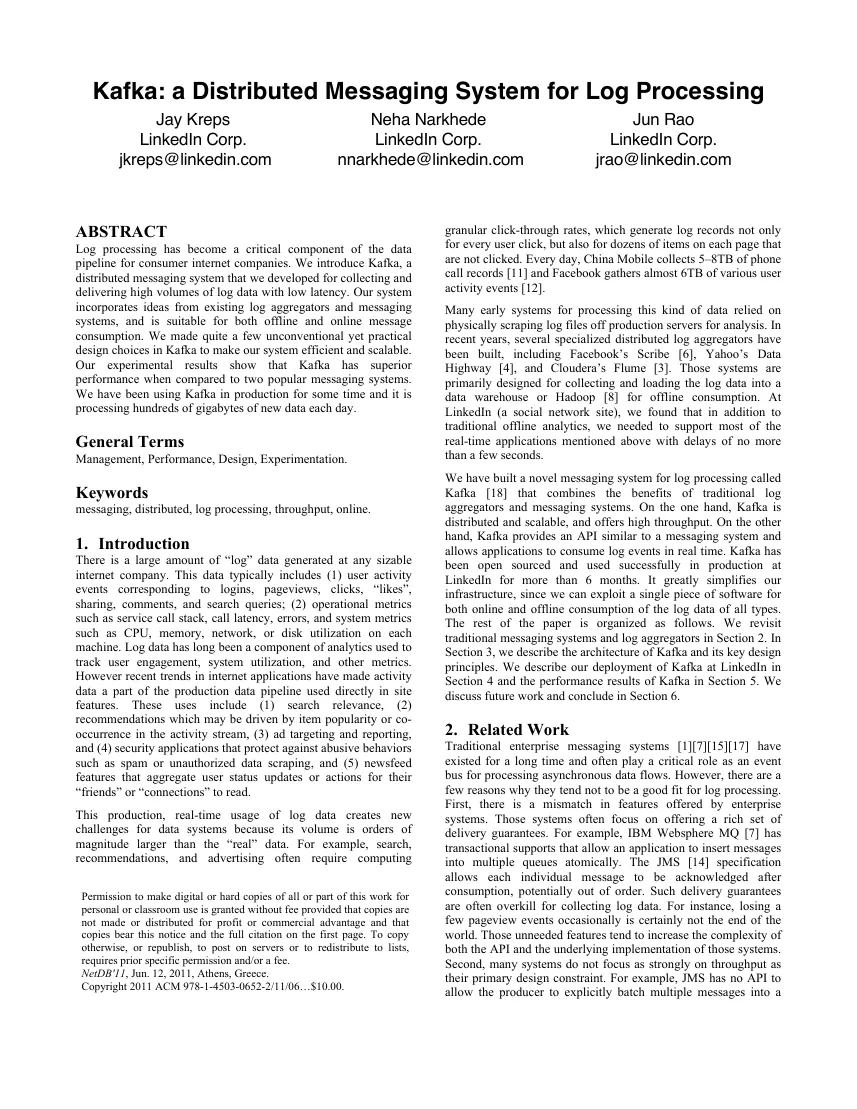 First page of Kafka: A distributed messaging system for log processing.