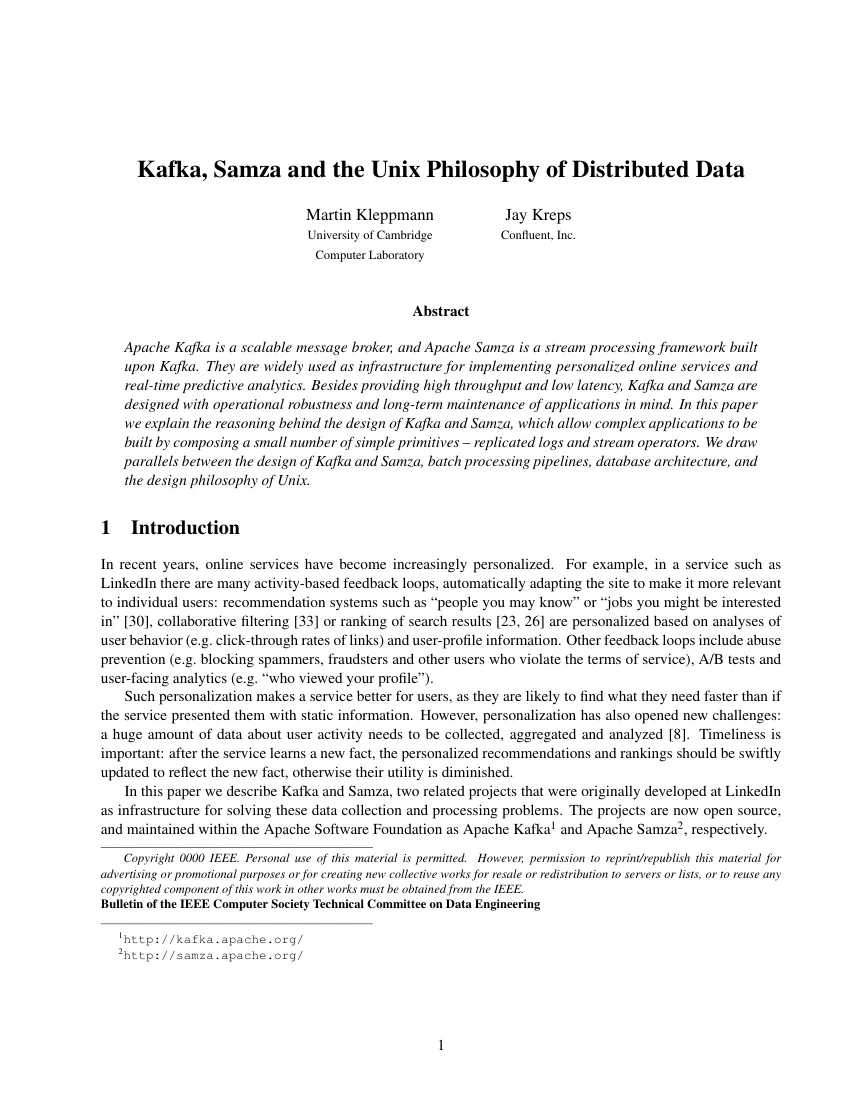 First page of Kafka, Samza and the Unix Philosophy of Distributed Data.