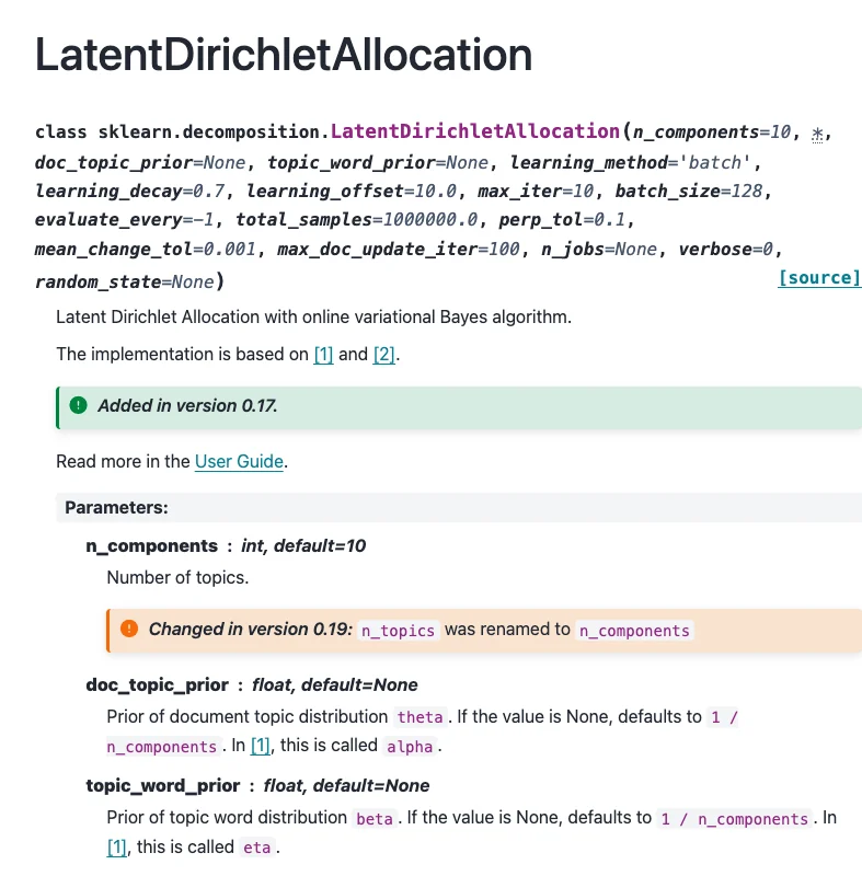 scikit-learn reference showing the LatentDirichletAllocation estimator and its parameters.