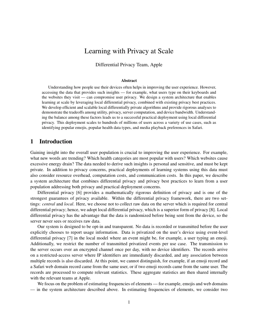 First page of Learning with Privacy at Scale.