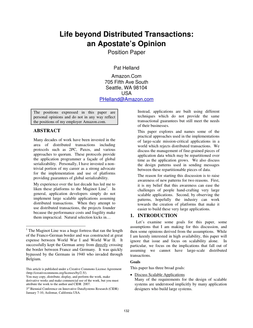 First page of Life beyond Distributed Transactions: an Apostate’s Opinion.