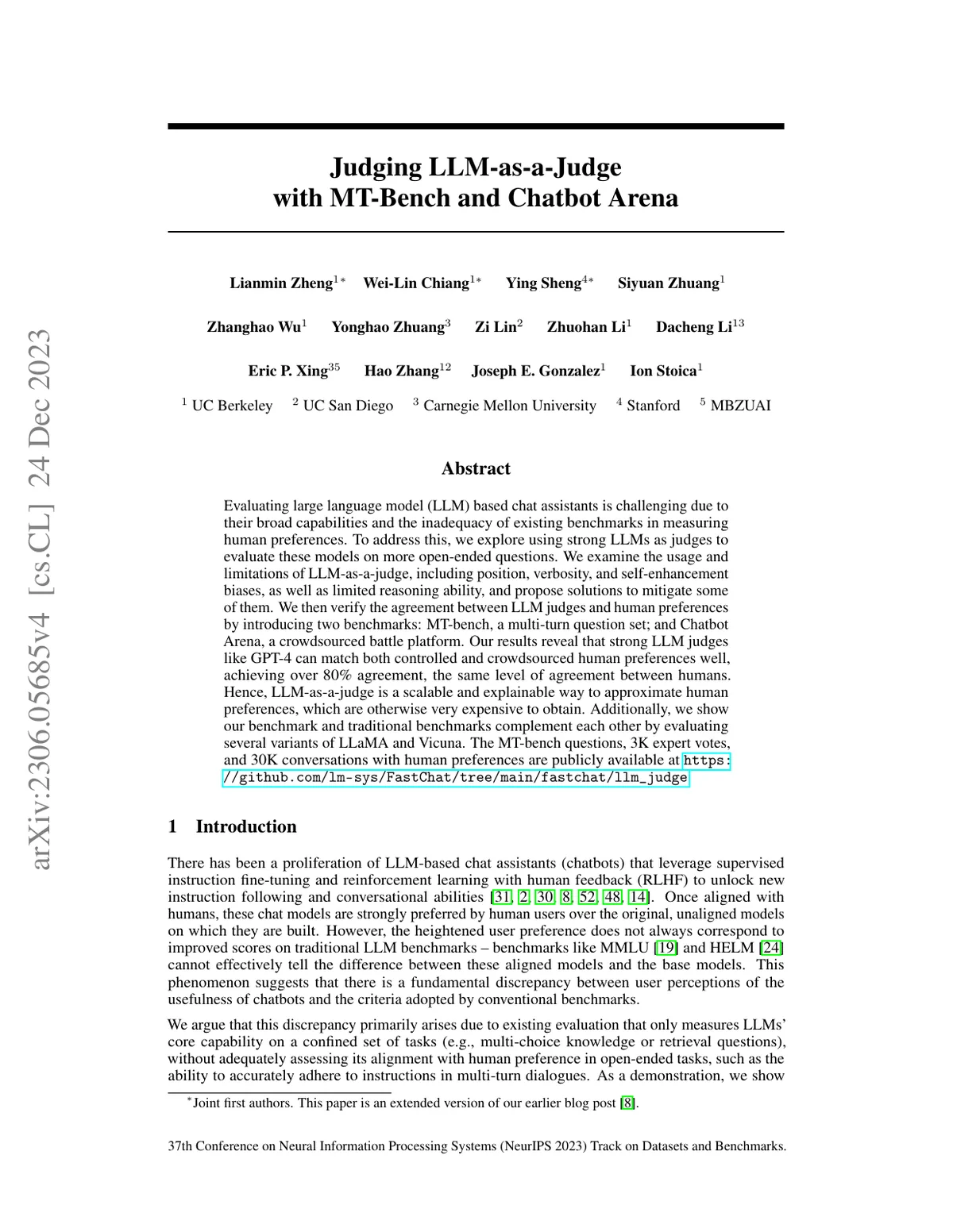 First page of Judging LLM-as-a-Judge with MT-Bench and Chatbot Arena.