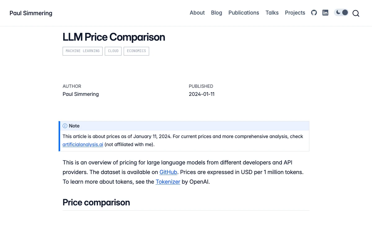 Screenshot of LLM Price Comparison